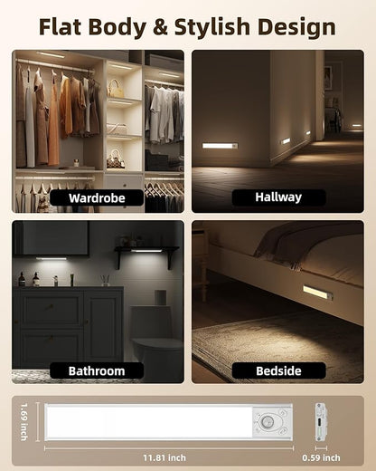 EZVALO Under Cabinet Lighting Wireless, 3Pack 12'' Rechargeable Closet Lights, LED Motion Sensor Indoor, Dimmable & 3 Color Temps Battery Operated with Power Display, for Kitchen, Stairs, Bookshelf