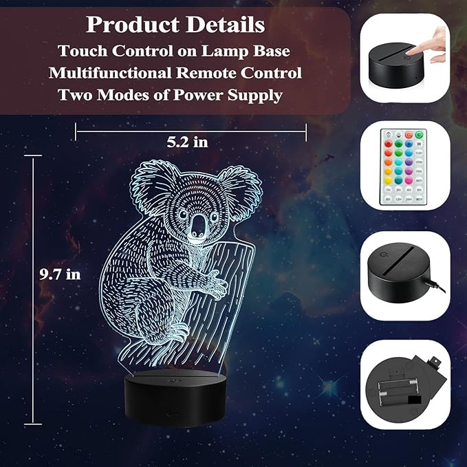 Koala Night Light, Koala Gifts, 3D Illusion Lamp with Remote Control, 16 RGB Colors, 4 Flashing Modes, Timer, Dimmable, Cute Animal for Decor for Holiday Birthday Christmas