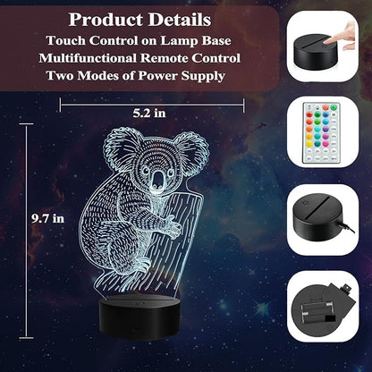 Koala Night Light, Koala Gifts, 3D Illusion Lamp with Remote Control, 16 RGB Colors, 4 Flashing Modes, Timer, Dimmable, Cute Animal for Decor for Holiday Birthday Christmas