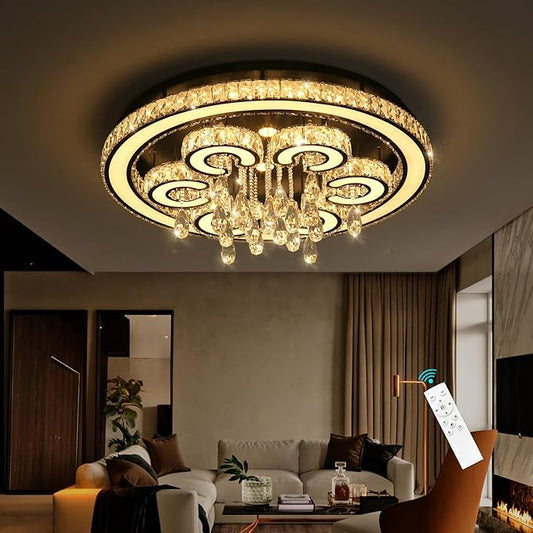 HAIXIANG 32 Inch Glam Chandelier Modern Crystal Luxury Interior Ceiling Light Fixture Remote Dimmable LED Lighting Fixtures for Dining Room Bedroom Living Room Black Light