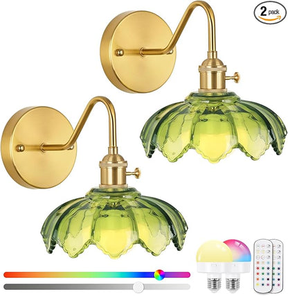 Vintage Glass Sconces Set of 2, Battery Operated Wall Light with Remote, Rechargeable Wall Sconces RGB, No Socket Required, Easy to Install, Vintage Wall Sconce for Bedroom, Hallway, Aisle