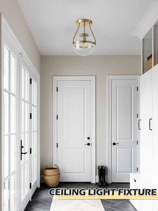 Bagood 8 Inch Mid Century Ceiling Light Modern Gold Semi Flush Mount Ceiling Light with Clear Glass Shade Globe Semi Flush Mount Ceiling Light Fixture for Bedroom Hallway Bathroom Foyer (Bulb Incl.)