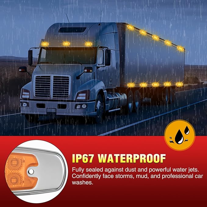 Nilight 20 Pack 6.3 Inch Rectangle Amber Side Marker Lights 12 LED 3 Functions (High/Low/Strobe) IP67 Waterproof Stainless Steel Chrome Bezel 12V Surface Mount for Truck Trailer RV SUV Boat