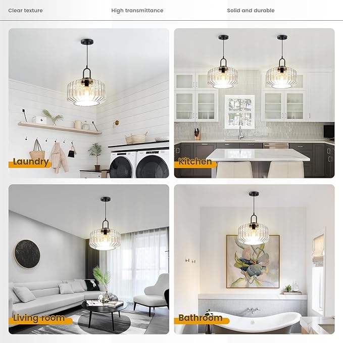 Large Glass Pendant Lights Kitchen Island Vintage Hanging Light Clear Striped Blown Shade Mid Century Modern Hanging Ceiling Lights with Black Finish Adjustable Cord for Dining Room