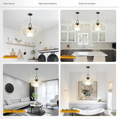 Clear Glass Pendant Light Fixture Kitchen Island Farmhouse Dining Room Pendant Lights Striped Wave Globe Lamp Shade Black Metal Light fixtures Modern Glass Ceiling Hanging Lighting