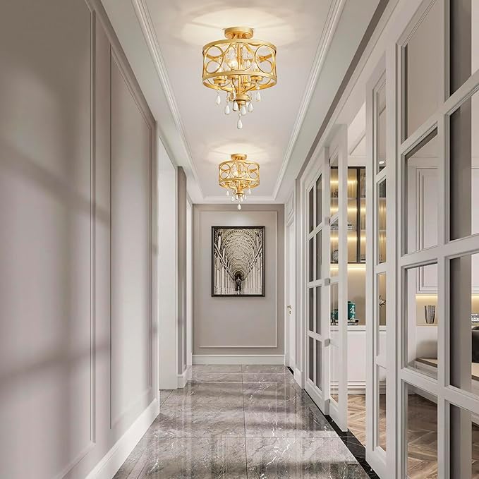 Crystal Ceiling Light Fixture, Modern Semi Flush Mount Ceiling Light, 4-Light Gold Round Crystal Chandelier Hallway Lighting Fixtures for Bedroom Bathroom Foyer Entryway Dining Room Kitchen