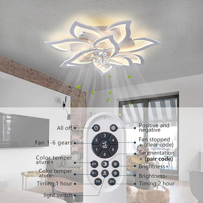 32inch White Flower Modern Ceiling Fans with Lights, Low Profile Ceiling Fan with Remote for Bedroom, Flush Mount Ceiling Fan with LED Dimmable Light,6-Speeds, Timing Ceiling Fan Light