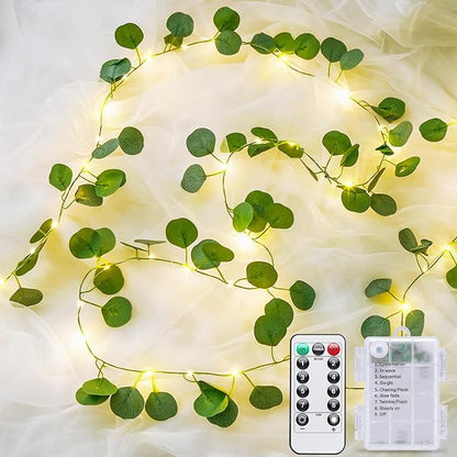 JMEXSUSS 33 FT 100 LED Eucalyptus Vine Fairy Lights, Vines with Lights Battery Operated with Remote, Eucalyptus Leaf Light Garland Indoor Outdoor for Bedroom Wall Classroom Party Decor(Warm White)