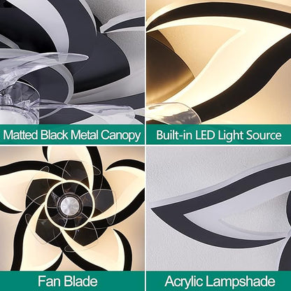 24" Geometric Ceiling Fan with Lights Remote Control, 6 Speeds 3 Colors Black Low Profile Ceiling Fan with Light for Kitchen Bedroom Living Room