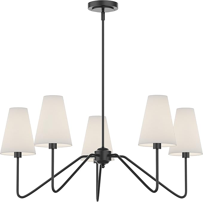 Electro bp;30" Dia 5-Arm Classic Chandeliers Matt Black with White Linen Shades,Light Fixture for Dining Room,Living Room,Bedroom,E12,200W;