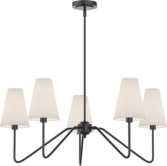 Electro bp;30" Dia 5-Arm Classic Chandeliers Matt Black with White Linen Shades,Light Fixture for Dining Room,Living Room,Bedroom,E12,200W;