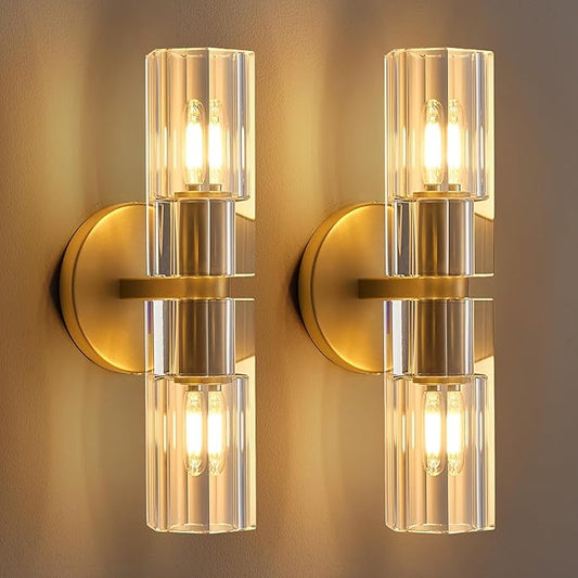 Crystal Wall Sconces Set of Two, 13" Modern Brass Sconces Lighting with K9 Crystal Lampshade,Indoor Wall Sconce Bedroom Wall Light Fixtures for Living Room Bathroom Hallway Stairs Entryway