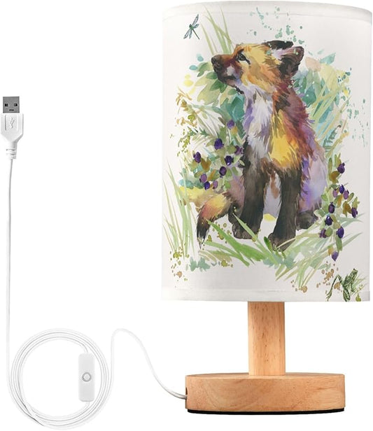 Table Lamp Fox Animal Dragonfly Frog in Floral Grass Woodland Nightstand Lamp with Wood Base Fabric Lamp Shade Bedside Desk Lamp for Living Room Bedroom Kids Room Office