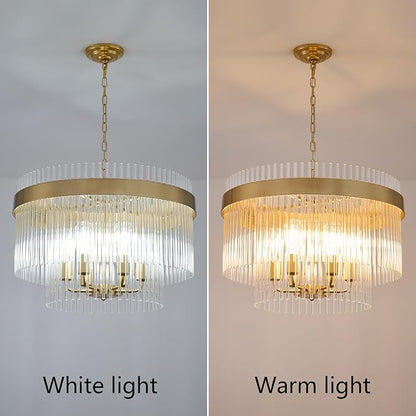 Dijiahua Modern Gold 23.6”Round Chandelier for Dining Room,6-Light Pendant Lights Kitchen Island 1 Pack,2-Tiers Luxury Brushed Brass Adjustable Cord Ceiling Hanging Lamp for for Entryway Living Room
