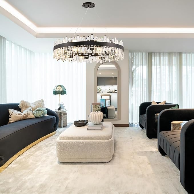 20-Light Modern Large Crystal Chandelier Black Round 2-Tiers Raindrop Chandelier Luxury Flush Mount Hanging Ceiling Light for Dining Living Room Entryway Foyer Stairway D39.4''
