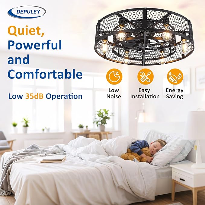 Depuley Low Profile Ceiling Fan: 26" Flush Mount Ceiling Fan Lights Reversible - Industrial Caged Ceiling Fans Light Fixture 6 Speeds for Bedroom Kitchen Black E26 Base Bulbs Not Included