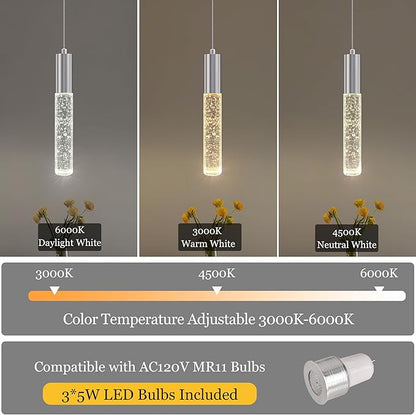 3-Pack Modern Crystal Pendant Light for Kitchen Island, Elegant Chrome LED Bubble Hanging Chandelier Lighting Fixture for Dining Room Bedside