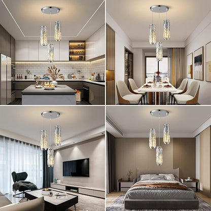 LMQNINE 3 Light Chrome Pendant Lighting Modern Pendant Light, Mini Crystal Chandeliers,Adjustable Pendant Light Fixture for Kitchen Island Dinning Room Bedroom (Chrome 3-Light)