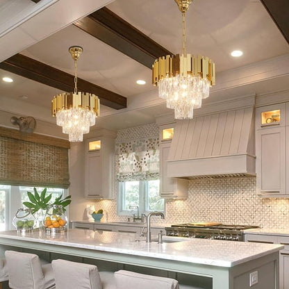Modern Crystal Chandelier 16" Round K9 Crystal Ceiling Light Adjustable Gold 3-Tier Chandelier with 5 Lights Elegant Fixture for Dining Room Living Room Foyer