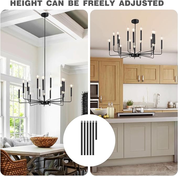 Yiisem Modern Farmhouse Black Chandelier, 16-Light Rustic Candle Chandelier, Industrial Hanging Chandeliers for Dining Room, Living Room, Kitchen, Foyer, Entryway