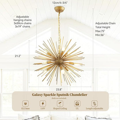 23.8" Modern Sputnik Chandelier 9-Lights Mid-Century Modern Starburst Golden Chandelier Luxury Gold Solid Metal Sputnik Satellite Chandeliers for Dining Room, Kitchen Island, Bedroom, E12