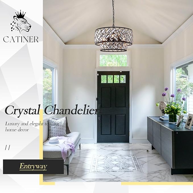 Black 6-Light Crystal Pendant Chandelier, Luxury Drum Semi Flush Mount Ceiling Light, 20'' Modern Ceiling Fixture for Dining Room, Living Room, Bedroom, Kitchen, Foyer