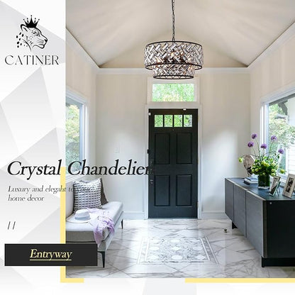 Black 6-Light Crystal Pendant Chandelier, Luxury Drum Semi Flush Mount Ceiling Light, 20'' Modern Ceiling Fixture for Dining Room, Living Room, Bedroom, Kitchen, Foyer