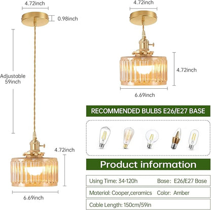 Shenmoyl Battery Operated Pendant Light 5000mAh Rechargeable Chandelier with Remote Control Wireless Adjustable Hanging Amber Striped Light for Kitchen Island Dining Room Hallway, 2 Pack
