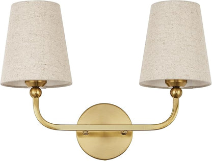 2-Light Bathroom Light Fixtures, Brushed Gold Vanity Lights, Double Wall Sconce with Brown Fabric Shade, Modern Sconces Wall Lighting for Hallway Bedroom Stairway, VL837-BG-L-2
