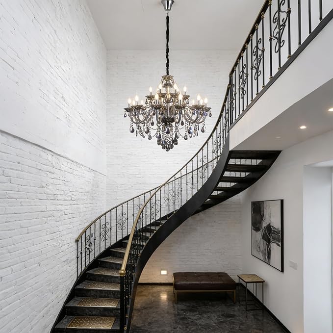 18-Light Smoky Gray Crystal Chandelier for Living Room, Antique Teardrop Candle Chandelier Pendant Ceiling Lighting Fixture for Dinning Room Staircase Lobby Foyer (Smoke Gray 18 Lights)