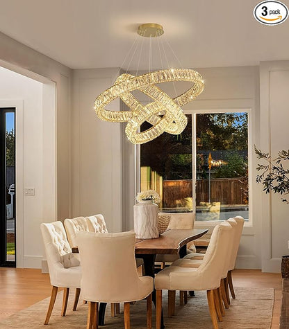 HAIXIANG Modern Glam Chandelier Crystal LED Remote Rings Chandelier Adjustable Hanging Ceilings Pendant Lights Fixture Gold 8"+16"+24" Rings Lighting