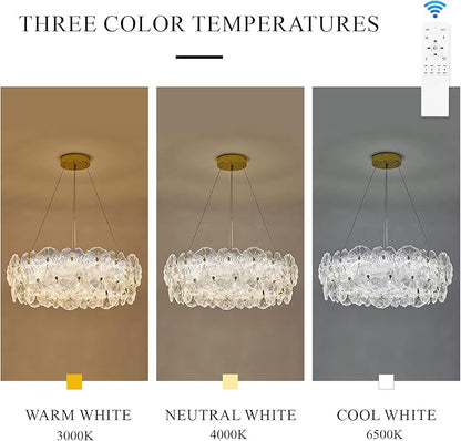 30" Luxury Glass LED Chandelier Modern Gold Dimmable 3000-6500K Large Lotus Leaf Chandeliers Light with Remote Control Contemporary for High Ceiling Living Dining Room Foyer Kitchen Entryway