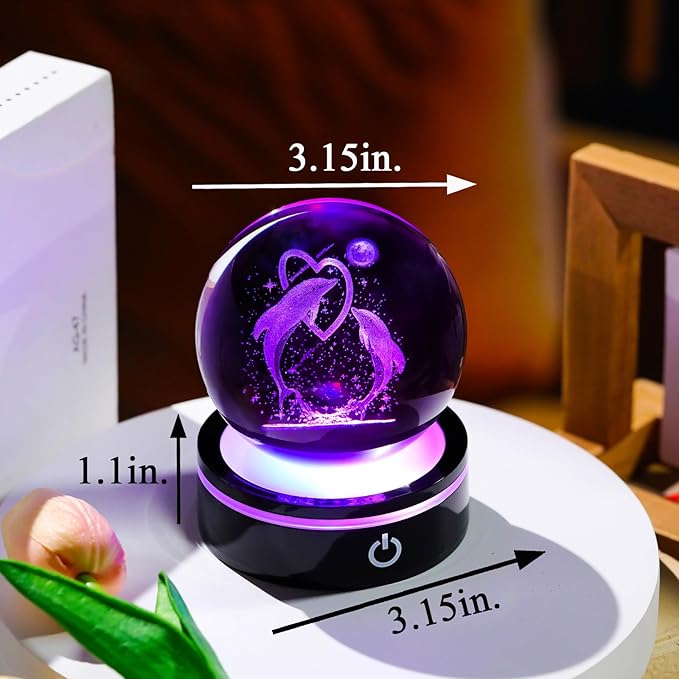 YWHL 3D Dolphin Figurines Crystal Ball with Colorful Light Base, Dolphin Gifts for Women Men on Birthday, Laser Engraved Glass Collectibles Sphere for Home Decor (80mm)