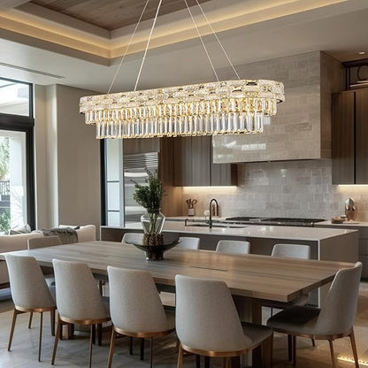 49.2" L Modern Crystal Chandeliers for Dining Room 18 Lights Gold Chandelier Large Rectangle Crystal Chandelier Pendant Light Fixture Kitchen Entryway Living Room 49.2" L x 8.7" H