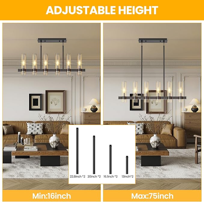 Island Lights for Kitchen,6-Light Modern Farmhouse Chandeliers for Dining Room,Large Linear Pendant Light Fixtures,Adjustable Height Hanging Dining Room Chandelier Over Table,Clear Glass Shade