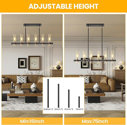 Island Lights for Kitchen,6-Light Modern Farmhouse Chandeliers for Dining Room,Large Linear Pendant Light Fixtures,Adjustable Height Hanging Dining Room Chandelier Over Table,Clear Glass Shade