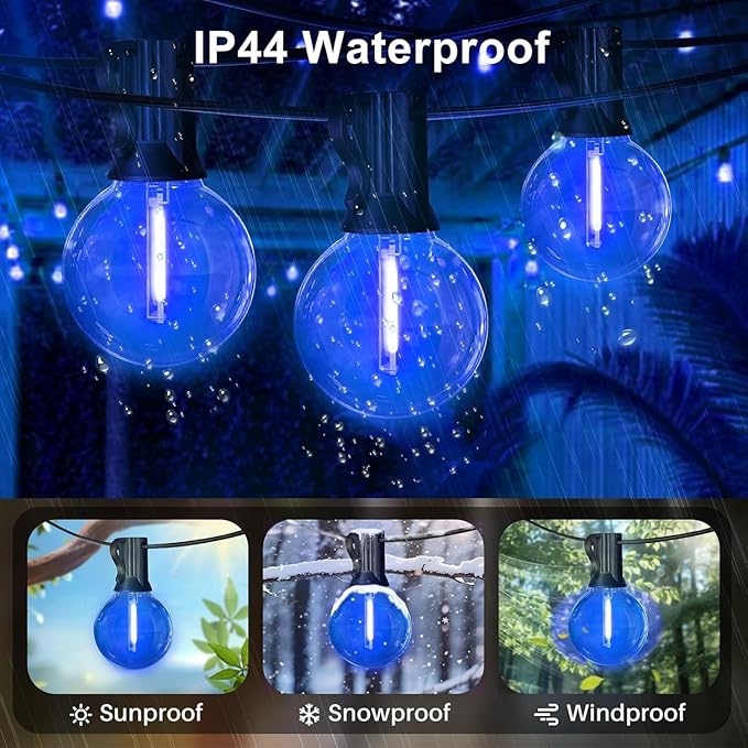 LAMPHOME LED Outdoor String Lights, 4 Pack 26FT Patio Lights with 12+1 Edison Shatterproof Bulbs(1 Spare), UL Waterproof Connectable Dimmable Outside Lights for Hanukkah, Backyard Porch Decor, Blue