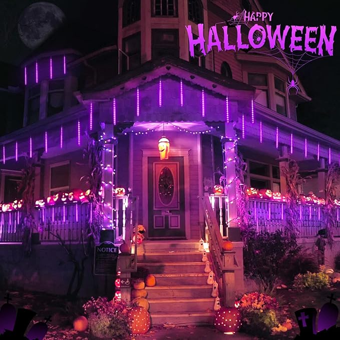 JMEXSUSS 2 Pack Purple Solar Halloween Lights, 16 Tube 288 LED Solar Meteor Shower Rain Lights, Christmas Light Outdoor Waterproof for Tree Halloween Christmas Decorations