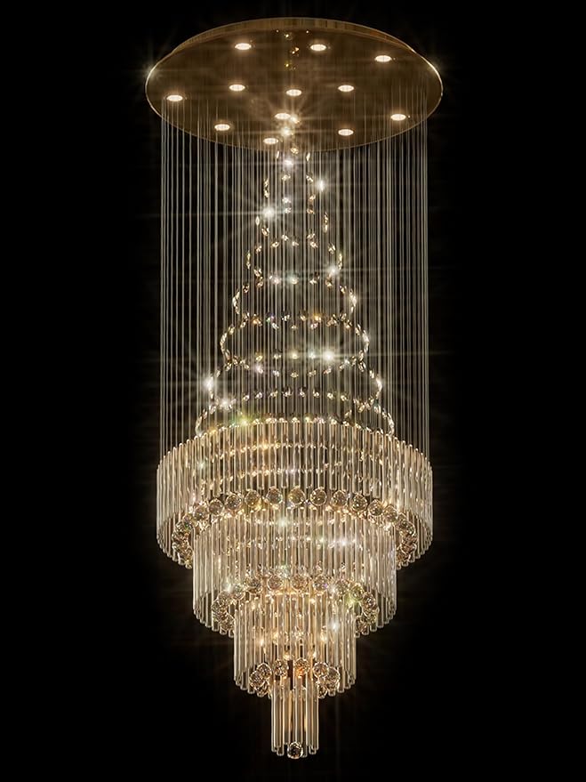 Flashing God D32''XH79'' Modern Foyer Chandelier for High Ceiling Raindrop Crystal Chandelier High Ceiling Pendant Light Fixture for Hallway Living Room Gold Stairwell Chandeliers