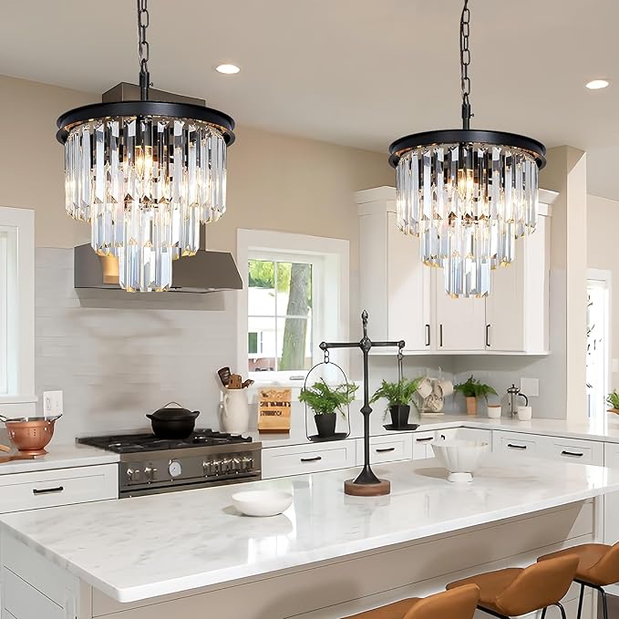 Small Black Crystal Chandeliers for Dining Room, 3-Tier 4 Lights Modern Chandelier Contemporary Luxury Top K9 Crystal Ceiling Pendant Light Fixture for Foyer Kitchen Bedroom Closet 14"
