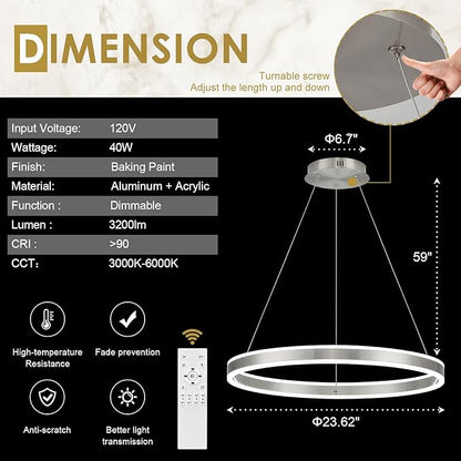 Nickel 23.6" LED Ring Chandeliers Ceiling Light with Remote Control Circular LED Pendant Lighting for Dining Room Living Room Office 40W Upward and Downward Lighting