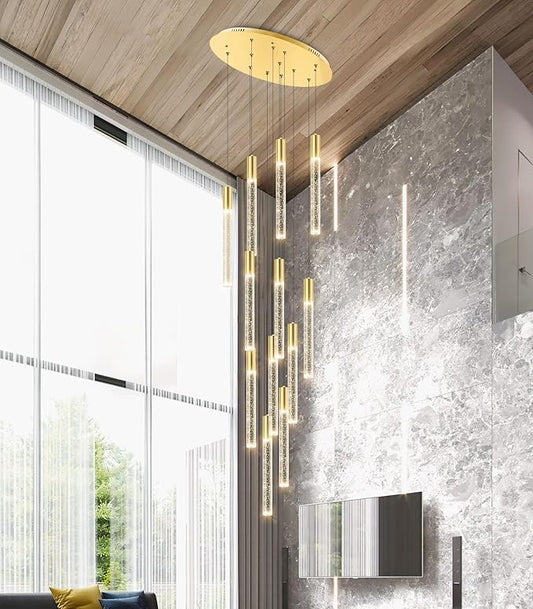 HAIXIANG 118" High Ceiling Chandelier Linear Crystal Pendants, Remote Dimmable, Compatible Sloped Ceilings, 12-Light Gold, 60 Watts LED, 4800 Lumens