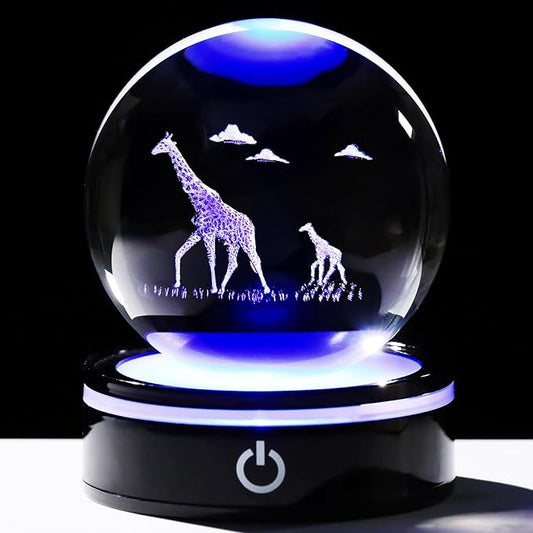 YWHL Giraffe Gifts for Women Men, 3D Giraffe Figurine Crystal Ball Decor with Colorful Light Base, Gifts for Giraffes Lovers on Birthday(80mm)