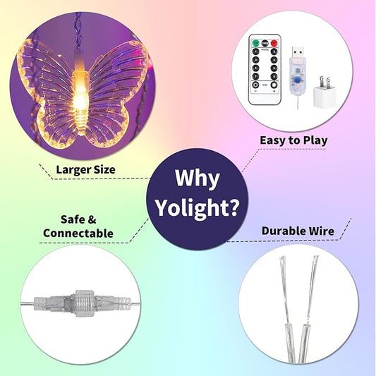 YOLIGHT Butterfly Curtain Lights 13ft 96 LED Fairy Light 8 Modes String Lights with Remote, Butterfly Hanging Decoration for Bedroom Garden Wall Ceiling Party Wedding Holiday Christmas (Multicolor)