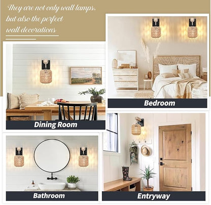 Rattan Boho Wall Sconces Set of Two, Hardwired Hand-Woven Farmhouse Wall Lamps with Wooden Arm & On/Off Dimmable Switch,Large Rustic Indoor Wall Mount Light Fixtures for Bedroom Nursery Bathroom