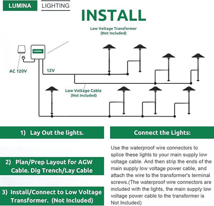 Lumina Lighting® Low Voltage Landscape Lighting Cast-Aluminum Path and Area Light Warm White 3W G4 LED Bulb and ABS Ground Stake Included for Yard Walkway Lawn PAL0108-BKLED8 (Black,8-Pack)