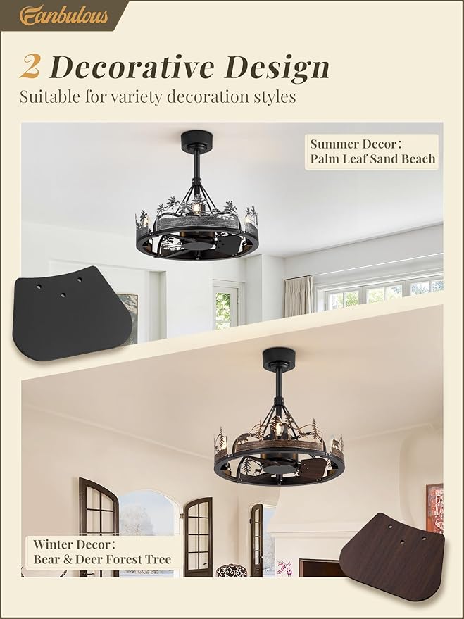 Fanbulous 20 Inch Farmhouse Rustic Ceiling Fan with Light and Remote, Black Chandelier Fan with Bear and Deer Design,Summer Sand Beach Design,Rustic Chandeliers for Living Room, Bedroom