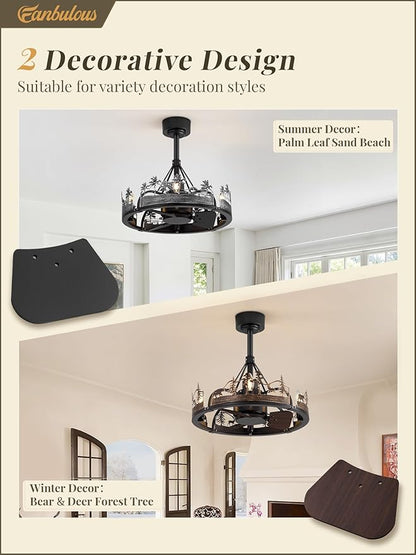 Fanbulous 20 Inch Farmhouse Rustic Ceiling Fan with Light and Remote, Black Chandelier Fan with Bear and Deer Design,Summer Sand Beach Design,Rustic Chandeliers for Living Room, Bedroom