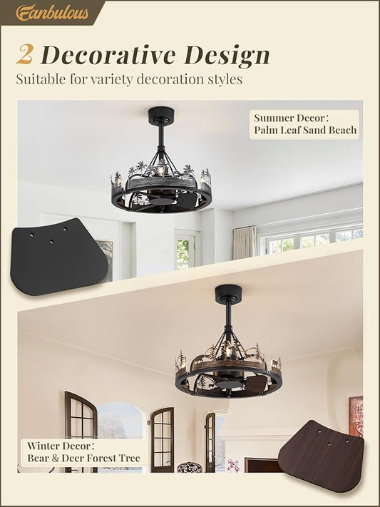 Fanbulous 20 Inch Farmhouse Rustic Ceiling Fan with Light and Remote, Black Chandelier Fan with Bear and Deer Design,Summer Sand Beach Design,Rustic Chandeliers for Living Room, Bedroom