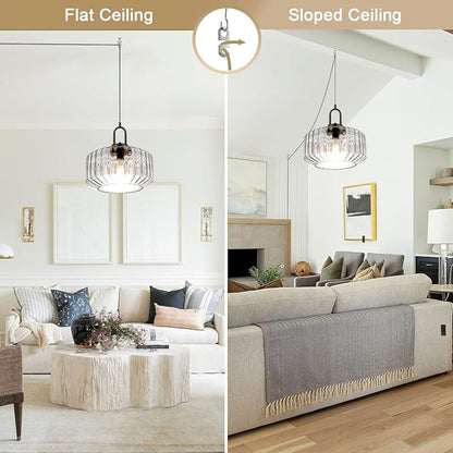Plug in Hanging Pendant Light Bedroom Plug in Pendant Lamp Globe Hanging Lights with Plug in Cord Kitchen Mid Century Modern Ceiling Light fixtures Clear Striped Glass Swag Lights